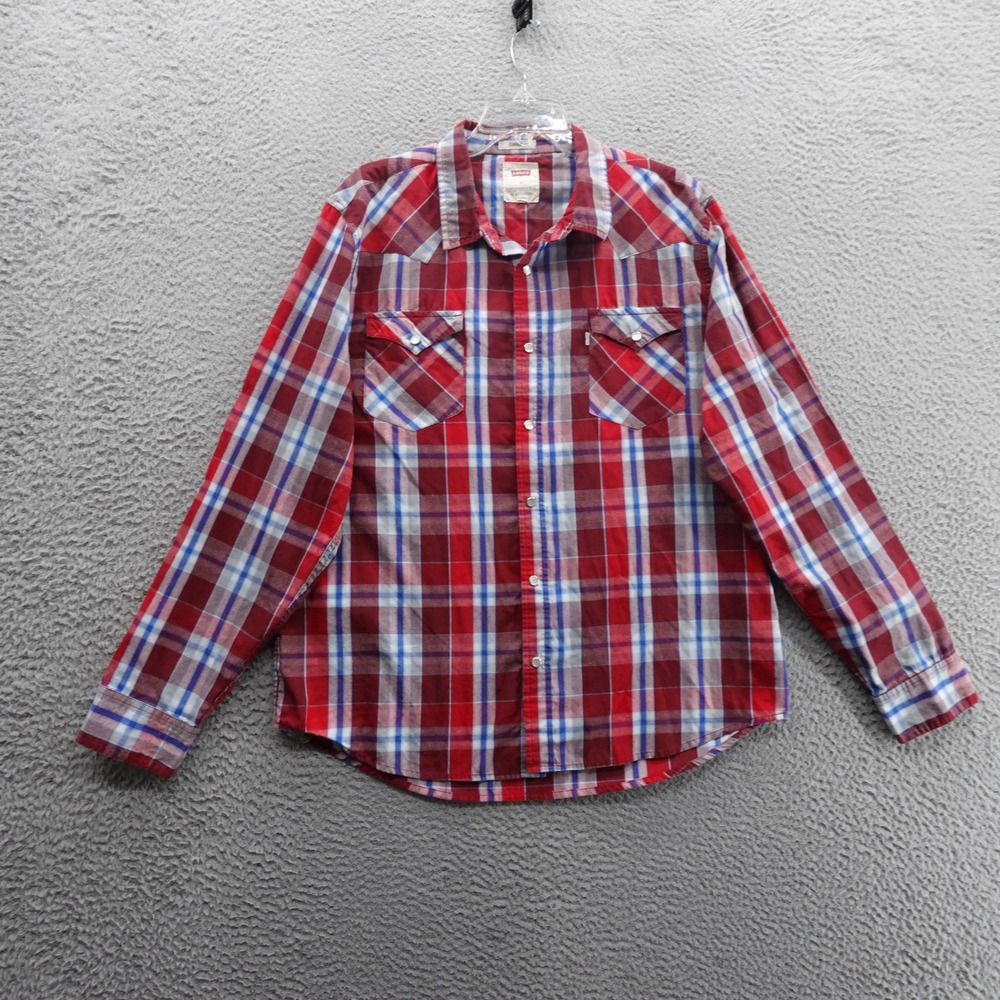 Levis Western Pearl Snap Shirt Mens XL Red Blue Plaid Long Sleeve Cowboy